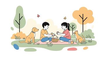 A Joyful Outdoor Gathering Kids and Dogs Enjoying a Picnic on a Blanket vector