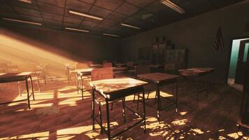 CGI Abandoned school classroom with sunlight streaming through the windows video