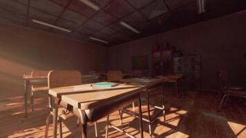 CGI Abandoned school classroom with sunlit desks and dusty floors in quiet decay video