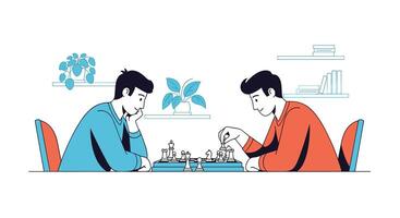 Two Friends Deep in Thought Playing a Game of Chess at Home Together vector