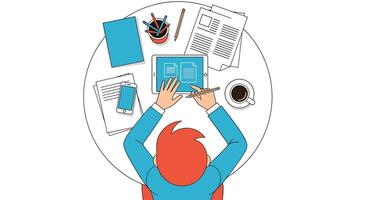 Person Working at a Desk With a Tablet and Stationery Items Around vector