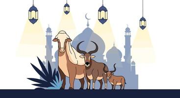 Eid Al-Adha Sacrifice Celebrations with Lanterns and Animals Against a Mosque Background vector
