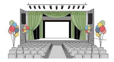 Auditorium Interior Design with Stage Seating and Balloons for Event Decoration Theme vector