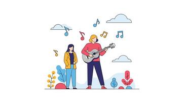 Young People Enjoying Music and Guitar Playing Under the Cloudy Blue Sky Outdoors vector