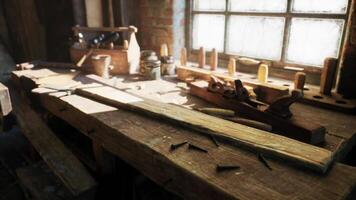 CGI Old carpentry workshop filled with vintage tools and wood pieces from the past video