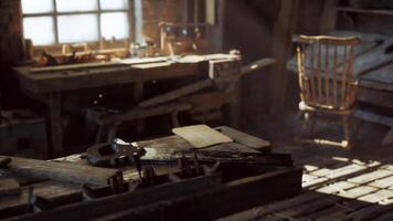 CGI Old carpentry workshop filled with vintage tools and warm sunlight streaming in video