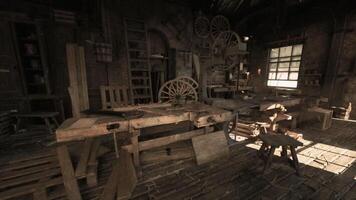 CGI Old carpentry workshop filled with traditional hand tools and woodwork details video