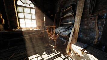 CGI Old carpentry workshop with vintage tools and warm sunlight in a rustic space video