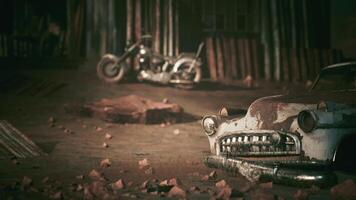 CGI Abandoned vintage vehicles in a dilapidated setting during the twilight hour video