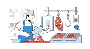 Butcher Shop Illustration A Professional Meat Cutter Preparing and Displaying Fresh Cuts Of Meat vector