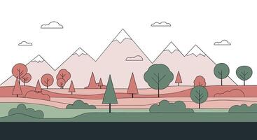Flat Design Landscape Illustration Background With Mountains Trees And Clouds Moving On Canvas vector