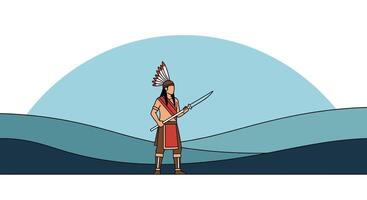 Depicting a warrior standing guard against the backdrop of rolling hills and sky vector