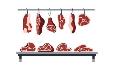 Assortment of Cut Raw Meats Hanging from Hooks and Lying on Display vector