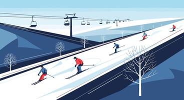 Skiing Down Snowy Mountainsides in Winter Resort with Gondola Lift in the Background vector