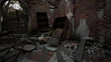 CGI Ruins of an old European mansion with collapsed furniture and broken walls video