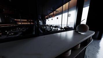CGI Empty modern restaurant with a minimalist design, elegantly set for dining video