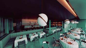 CGI Empty restaurant with round pendant lights and neatly set tables in evening video