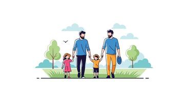 A Gay Couple Walking with Their Two Children in a Park vector