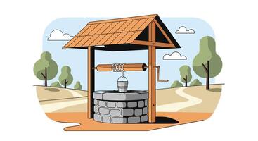 A Quaint Wishing Well with Wooden Roof Surrounded by Nature and Landscape vector