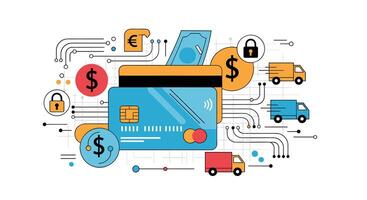 Digital Payment Solutions Secure Transactions Fast Delivery Truck Icon Currency Symbols Credit Card vector