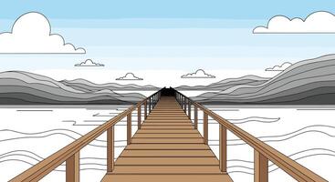 A Path to Serenity A Wooden Dock Extending Towards a Distant Mountain Range vector
