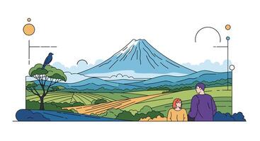 Couple Enjoying Scenic Landscape With Majestic Mountain Views and Verdant Fields and Clear Sky vector