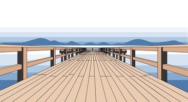 A Peaceful Escape Over the Water Pier Extending to Mountain Blue Horizon View vector