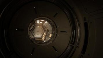 cgi utforska en minimalistisk Plats station modul med omgivande ljus video