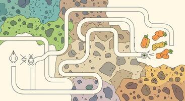 A Complex Maze of Paths Connecting Different Colored Regions with Carrots as Goal vector