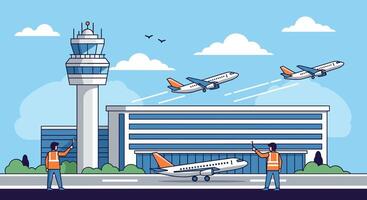 Bustling Airport Scene Air Traffic Control Tower Planes Taking Off and Landing vector