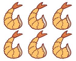 Six delicious cartoon tempura shrimp arranged in a clean and organized graphic pattern on white background vector