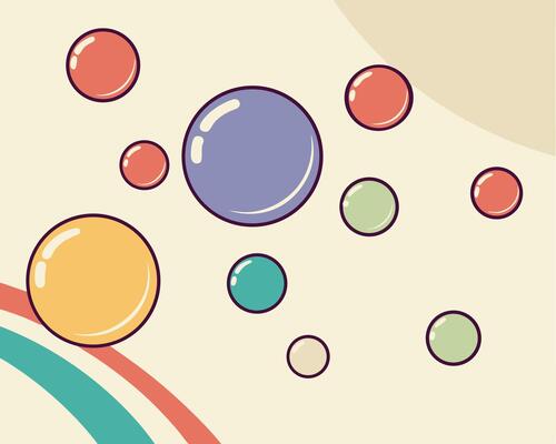 Colorful cartoon bubbles with bright reflections on a soft beige background
