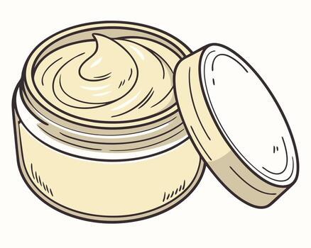 A beautifully drawn illustration of a cream container opened with visible swirls of cream inside vector