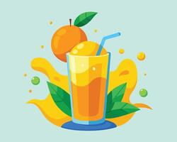 illustration of refreshing orange juice with orange fruit and green leaves for healthy summer drinks. vector