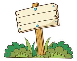 Cartoon style wooden blank signpost set in the green grass ready for messages. vector