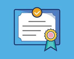 Certificate of achievement illustration with check mark icon and award ribbon against a blue background vector