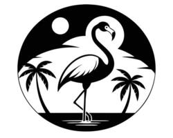 Elegant black and white illustration of a flamingo standing near palm trees in a tropical circle scene. vector