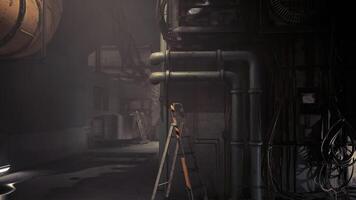 CGI Exploring the dark interior of an industrial building with pipes video