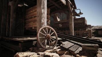 CGI Rustic wooden wheel rests beside an old structure in a deserted area video