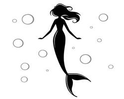 Silhouette illustration of a graceful mermaid swimming with bubbles in a clean white background. vector