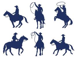 Collection of silhouette cowboys riding horses performing various activities such as roping and riding vector