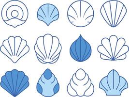Set of twelve stylized blue seashell illustrations showcasing various shapes and forms on a white background vector