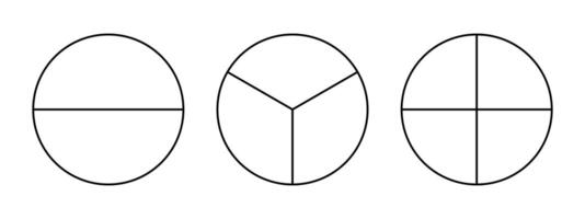Divided circle in two, three, four segments. Pizza rounded shape, pie shape cut in 2,3,4 equal slices. Black simple line chart. Outline style. vector