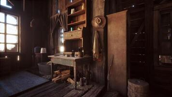 CGI A rustic wooden table with tools and supplies in an old cabin at sunset video
