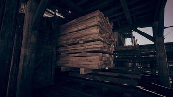 CGI Wooden pallets stacked inside a rustic warehouse during daylight hours video