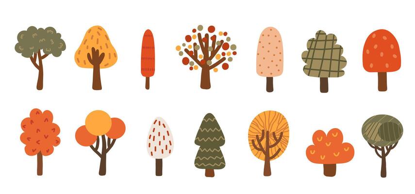 Set of simple autumn trees in hand drawn style. Flat forest elements with naive shapes and seasonal flowers. illustration on isolated background.
