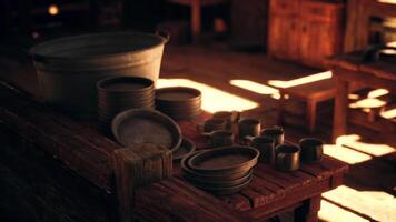 CGI Rustic dining setup with clay pots and utensils in a cozy wooden cabin video
