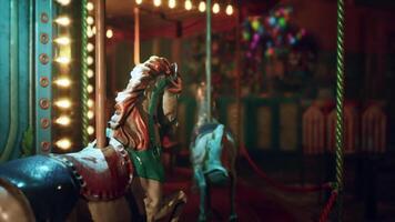 CGI Empty amusement park carousel at night with colorful lights and shadows video
