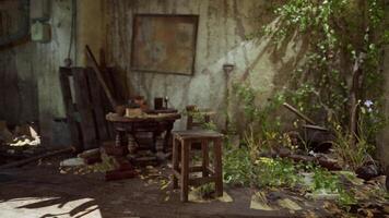 CGI Abandoned indoor space with a rustic table and overgrown plants in daylight video