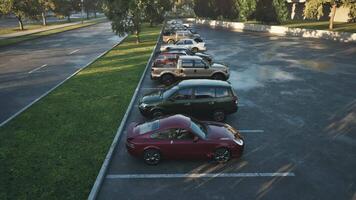 CGI Cars parked in a sunny lot near trees on a calm afternoon video